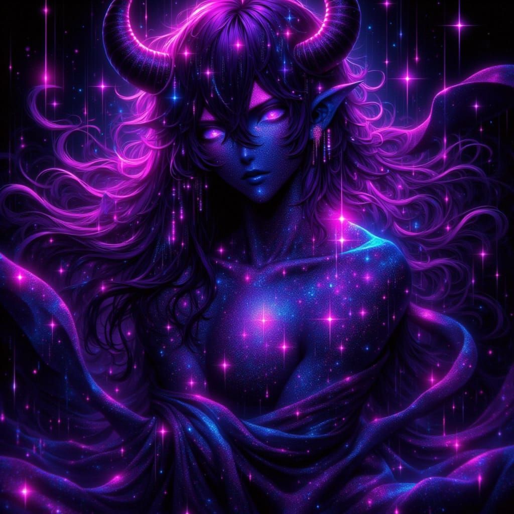 <lora:Boing:1.3> a dark anime style image, a glowing neon pink and blue celestial silhouette or a man wearing celestial clothing. a dark tog...