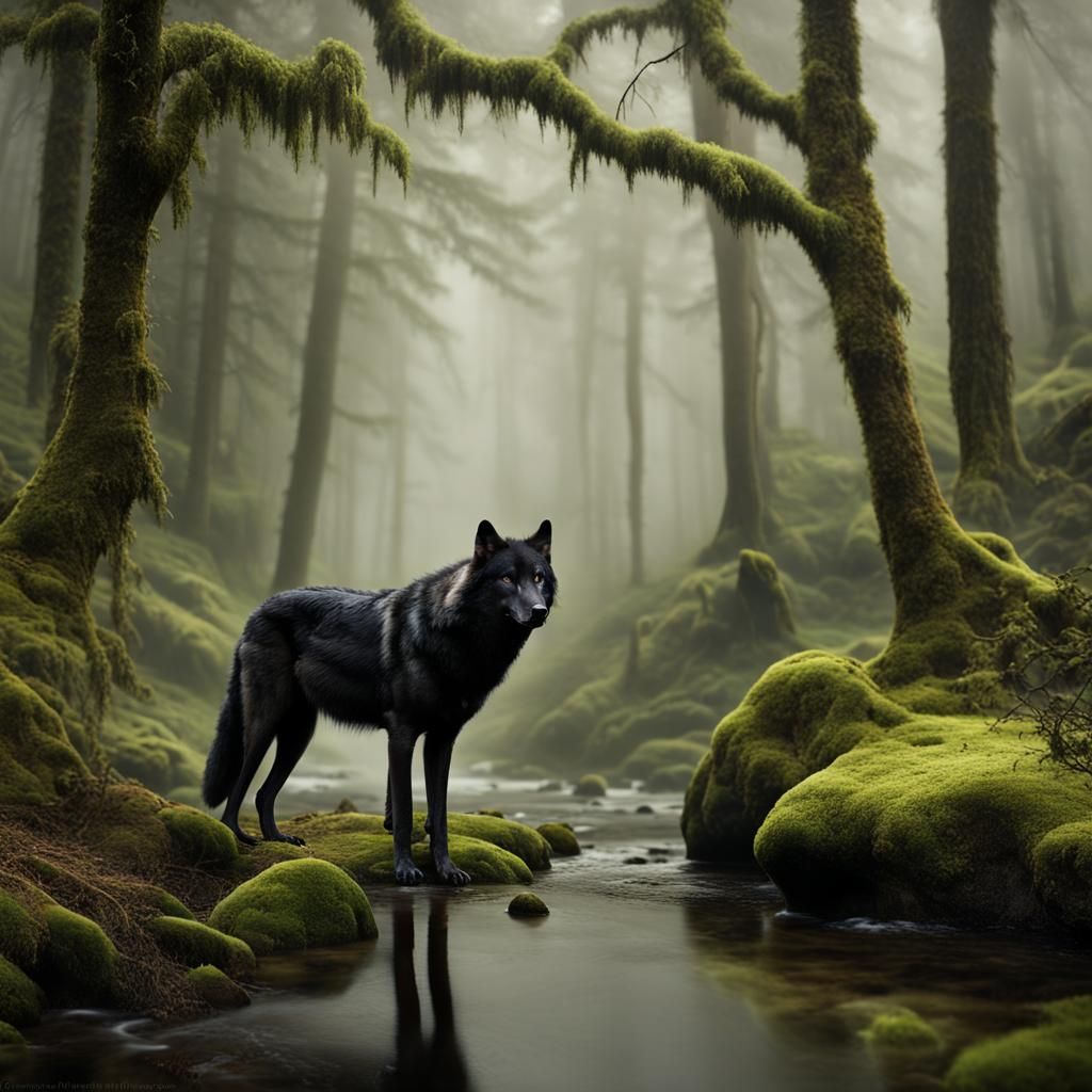 realistic black wolf in a fogging forest with moss covered t...