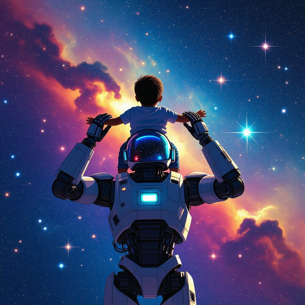 Robot and Child in Space Art
