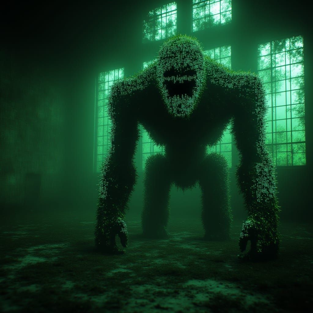  <lora:GlitchFlux MJ6-1:1.3> A digital rendering of an overgrown robot gorilla, made from foliage and computer code, in the middle of an aba...