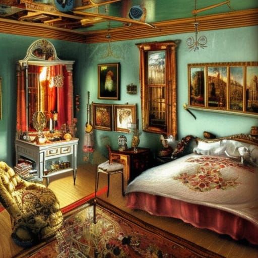 Real-life image of a Victorian master bedroom, warm sunlight...