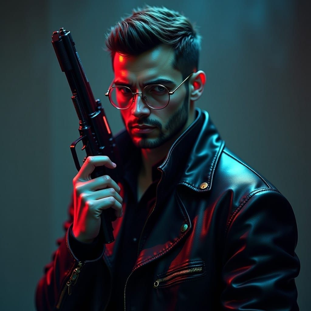 <lora:Ominous Flux:1.0>  A man in a leather jacket, laser revolver