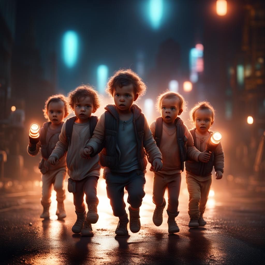 a bunch of babies walk across the road with flashlights in the glow of