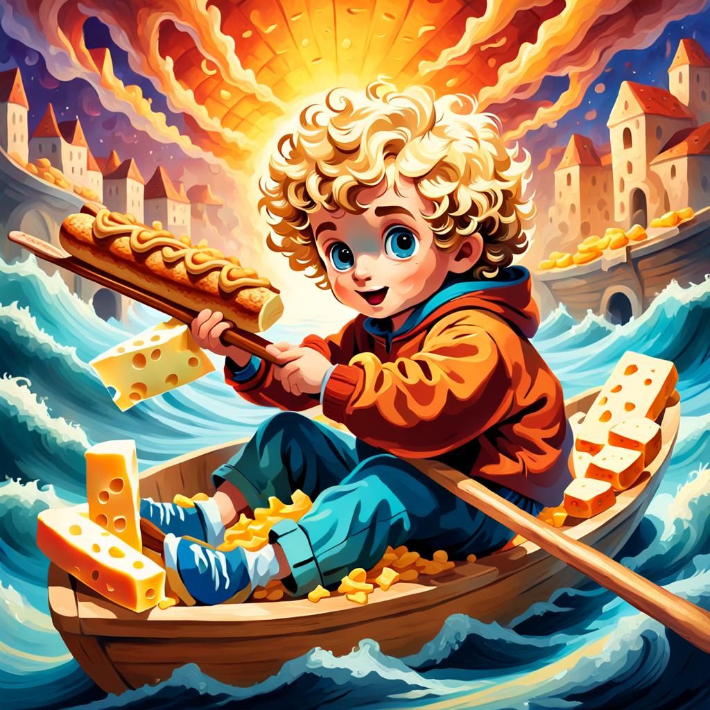Boy Rows Baguette Through Cheese Sea: Art Nouveau Style