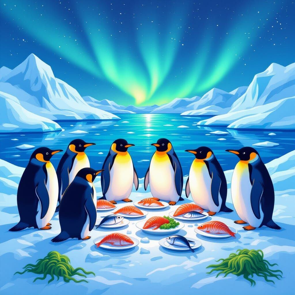 Penguins Host Seafood Feast Under Aurora Borealis