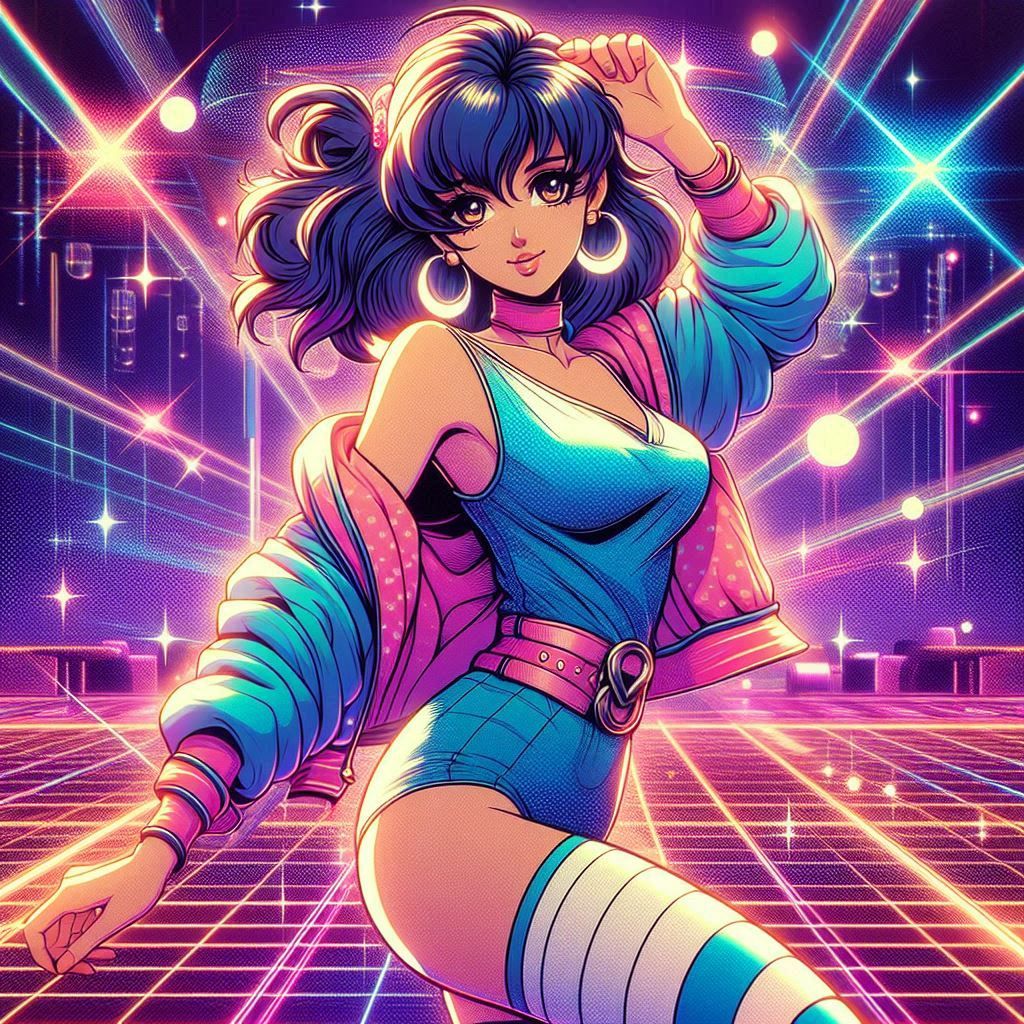 a 1980s anime style image of a woman fashion model drawn in ...
