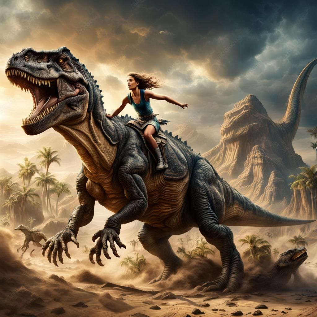 A princess riding on a tyrannosaurus rex, while the animal i...