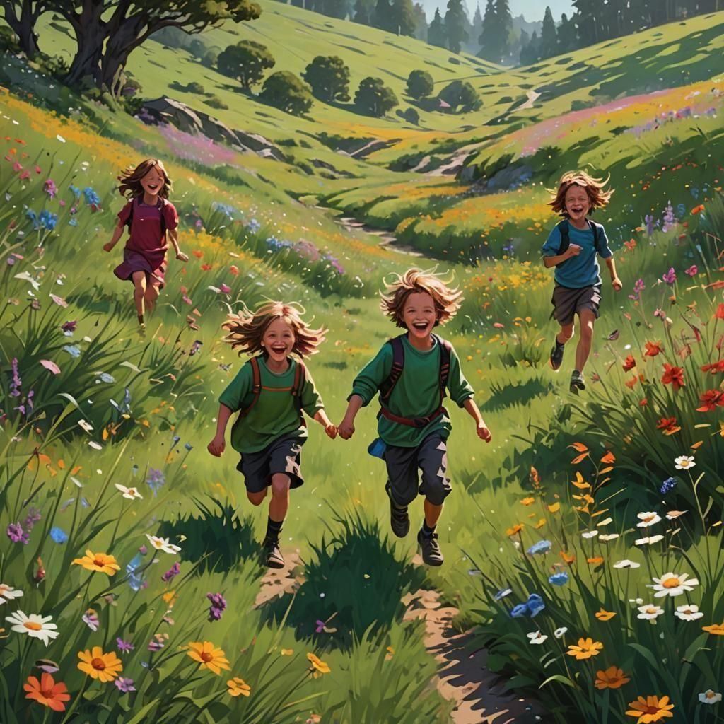 Children Playing on Green Grass, Detailed Matte Painting
