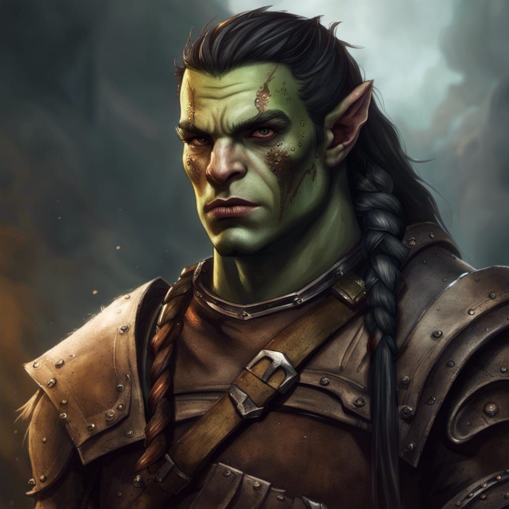 A young half orc, long dark half braided hair, smaller tusks protuding ...