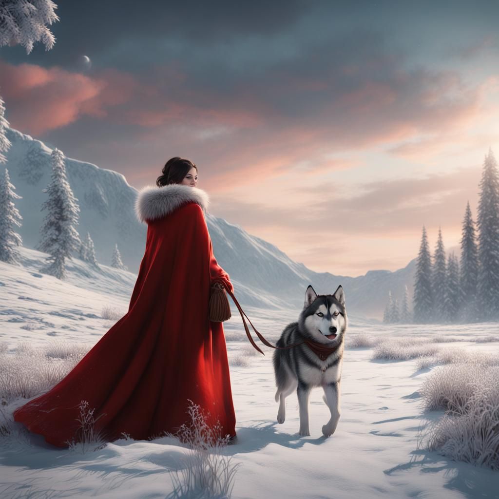 Women in red cloak in snowy field with husky dog. - AI Generated ...