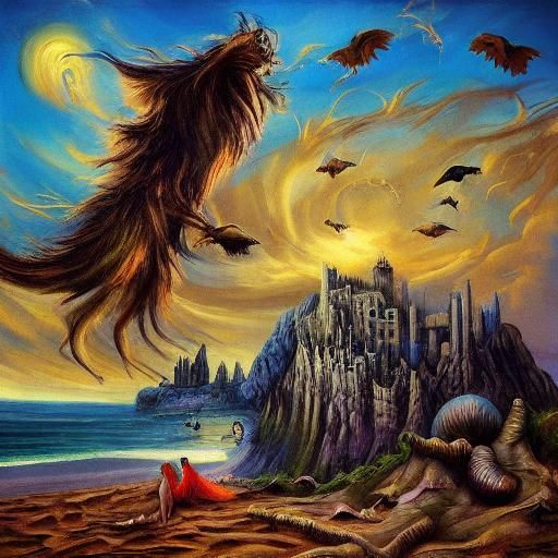 Vampire and vampire devil building beautiful sand castle together 
Sand castle by Pirosmani and John onstable 