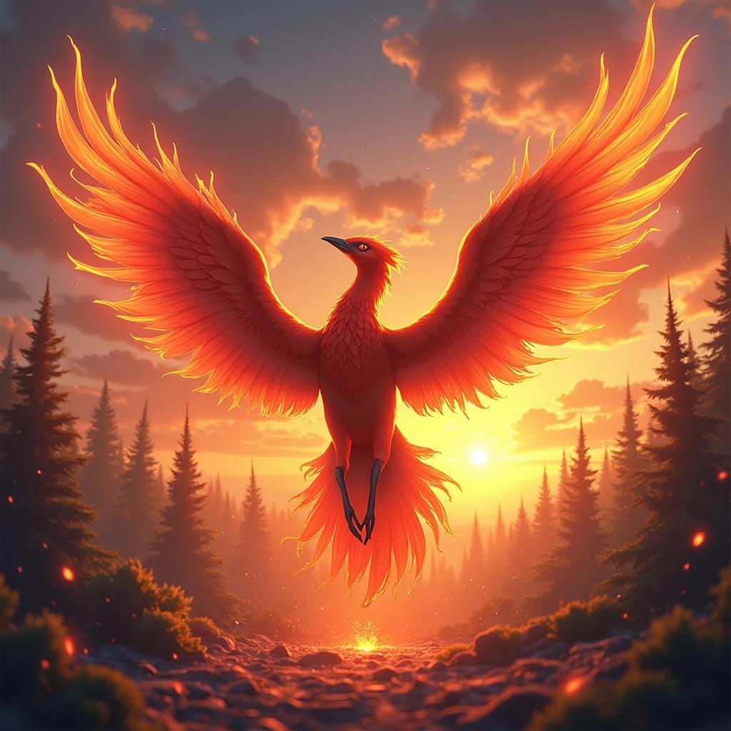 A majestic phoenix rises from the ashes of a burning forest, its feathers ablaze with fiery colors, soaring towards a vibrant sunset. The ph...