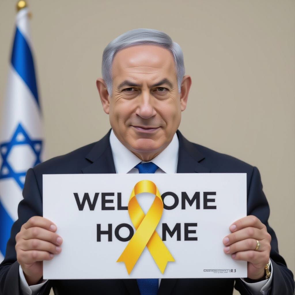 Benjamin Netanyahu With Welcome Home Sign