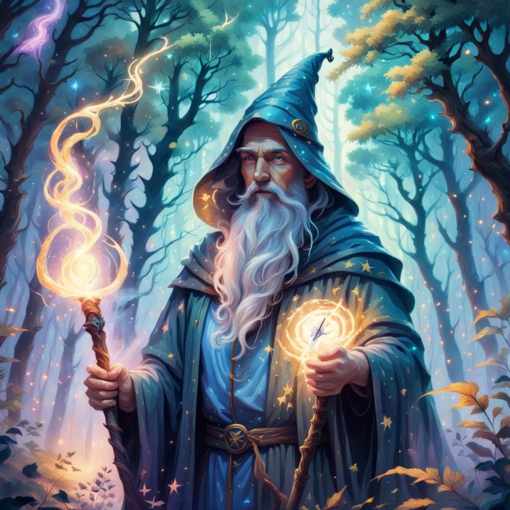 Mystical Wizard in Glowing Forest Oil Painting