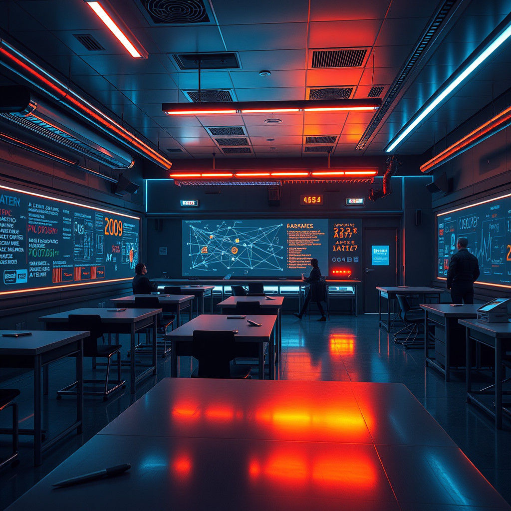 Futuristic Cyberpunk Classroom with Holographic Projections