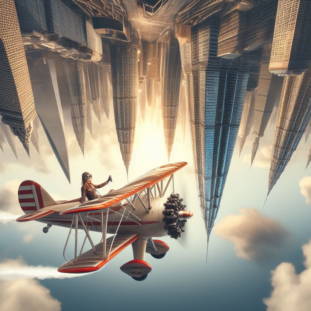Pilot navigating around skyscrapers of upside down city