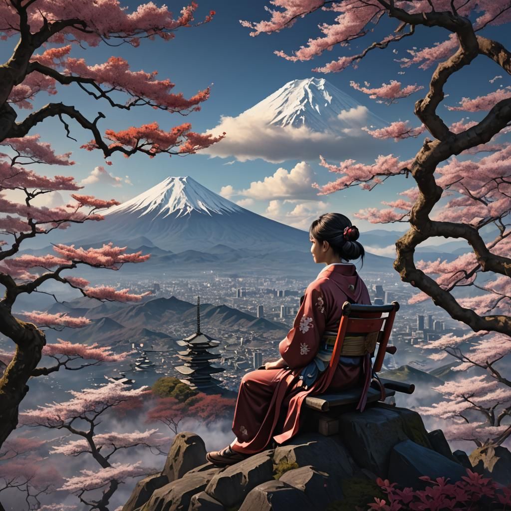 Une belle jeune femme paraplégique, assise sur le mont Fuji Yama, sous les cerisiers du Japon  by @Wilmara