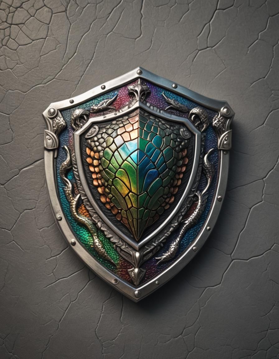 a silver shield with features of the reptile 2
