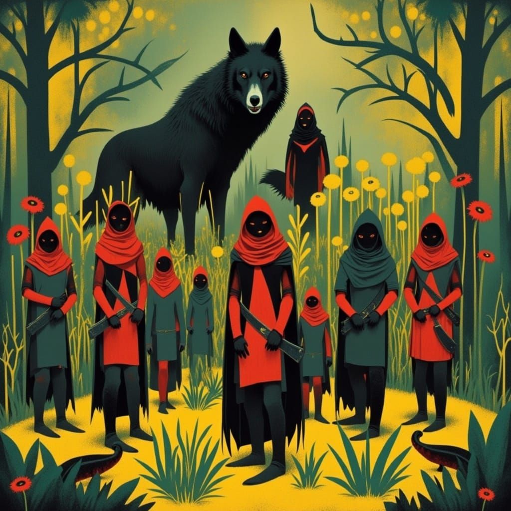 <lora:WARLOCK POP:1.0> tribe of beautiful warrior girls surrounded by carnivorous plants with the shadow of a wolf in the background"