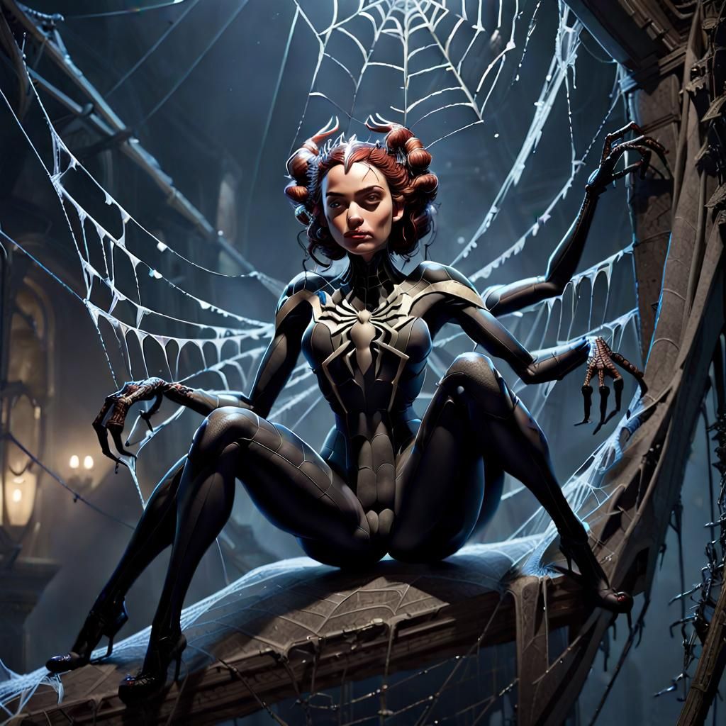 (Giant Spider queen creature1.5) sitting on a (giant spiderweb1.6), dark fantasy, scifi