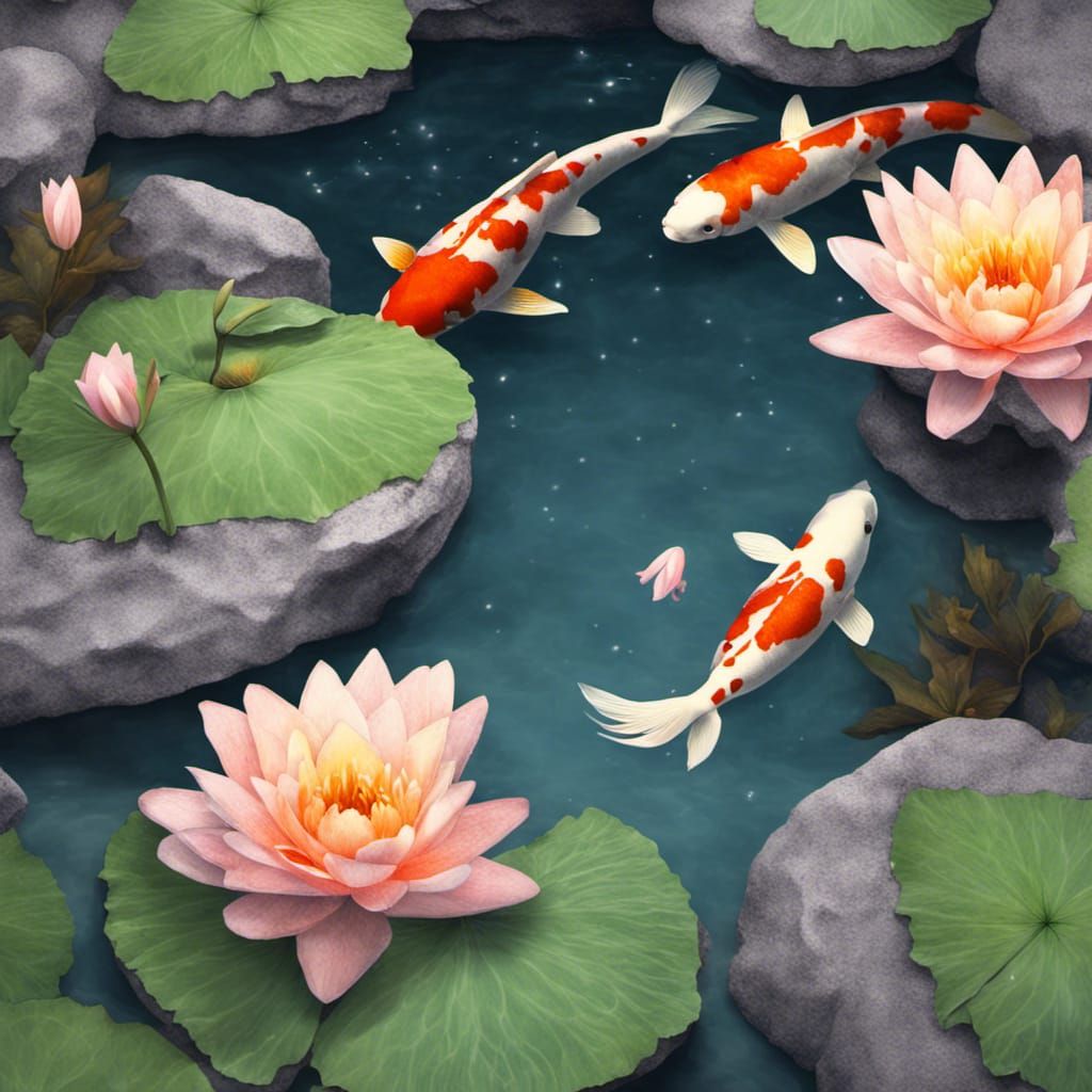 Koi Fish in a Rock Pond with Lily Pads Blooming