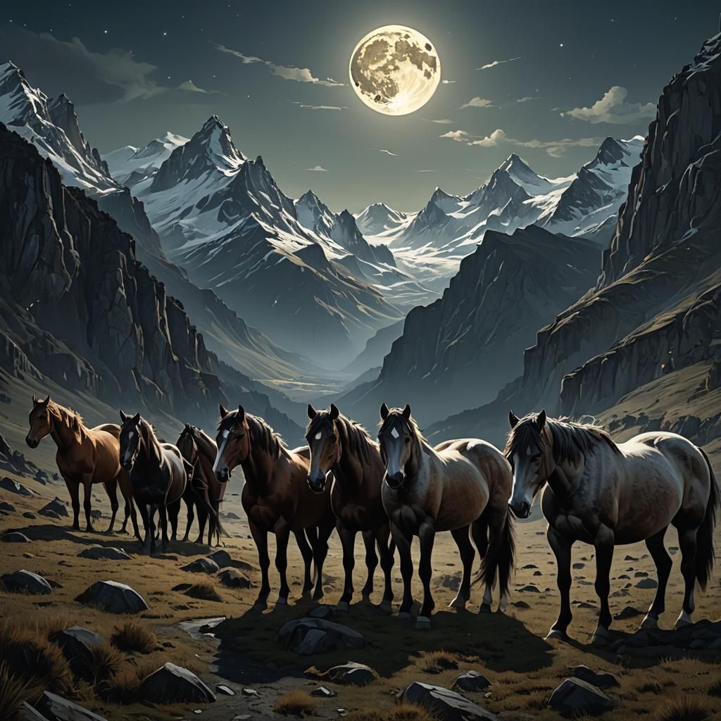beautiful herd of horses grazing in the moon light, backgrou...