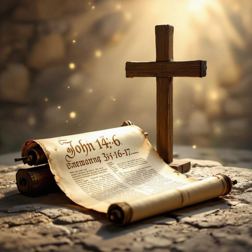 Create image Ancient scroll and cross of John14:6 John3:16,17