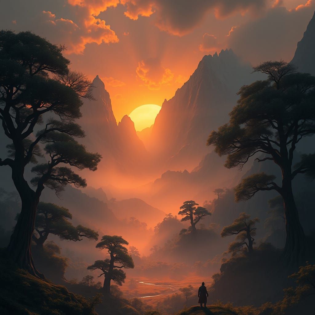 Majestic Fantasy Landscape with Ancient Trees and Misty Moun...