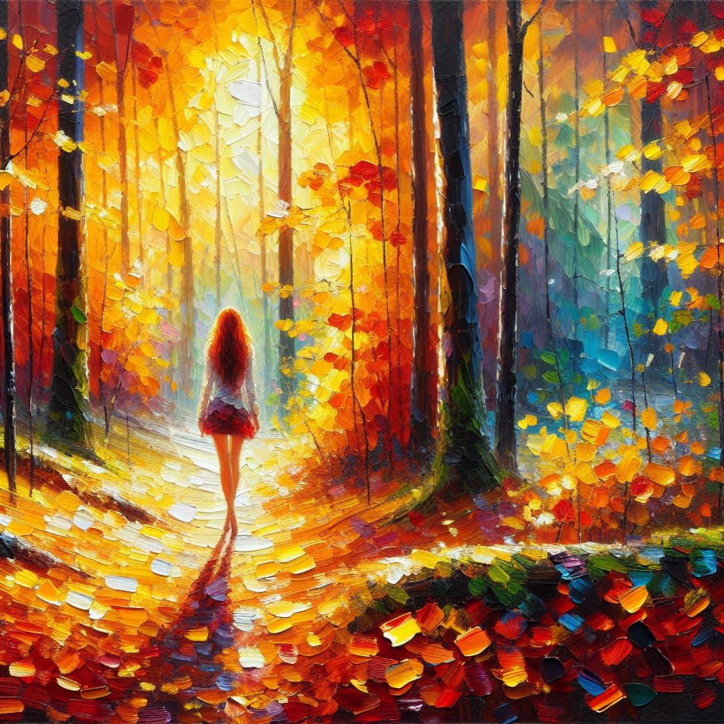 Vibrant oil painting. Medium shot. Red-haired woman walking through fallen leaves in an autumn forest. ...  by @Denise