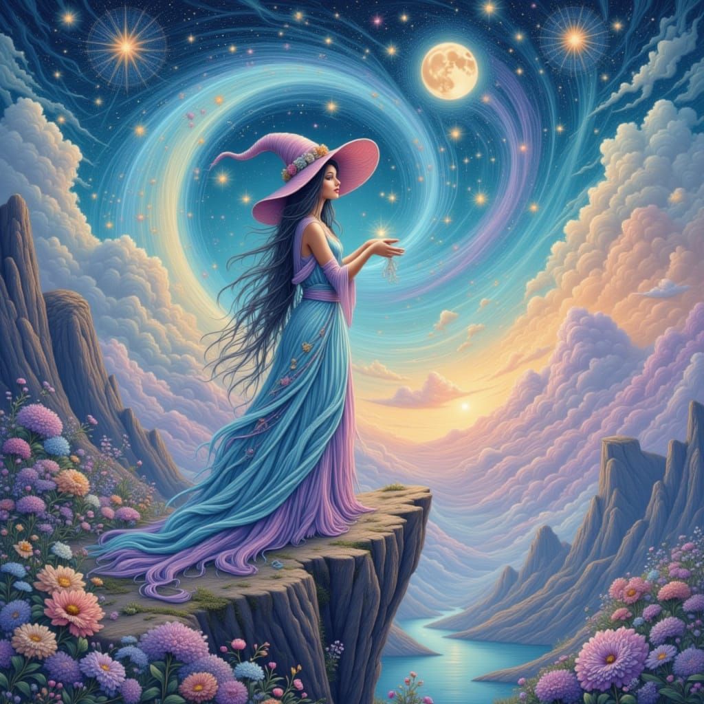 Celestial Witch Weaving Constellations in Pastel Colors