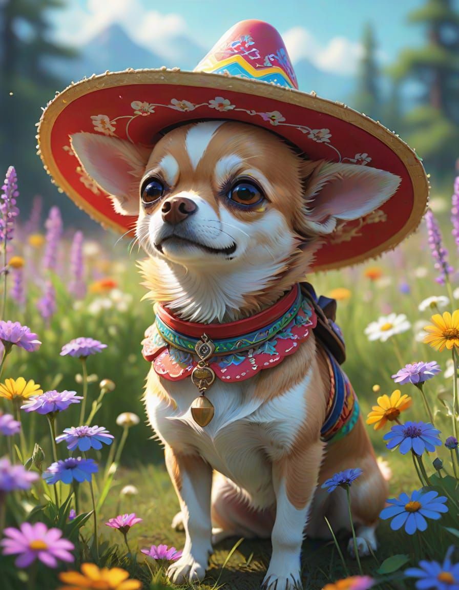 A cheerful chihuahua wearing a vibrant sombrero.  by @AmadaTakako773