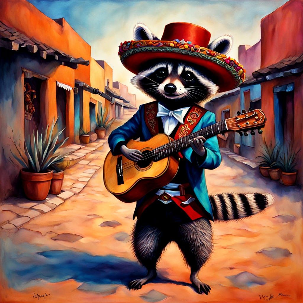 A young raccoon in a sombrero hat  by @GrizzMum