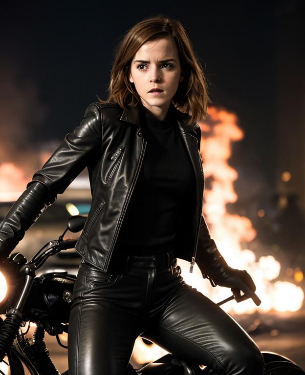 Emma Watson performing moto stunt in action movie 2