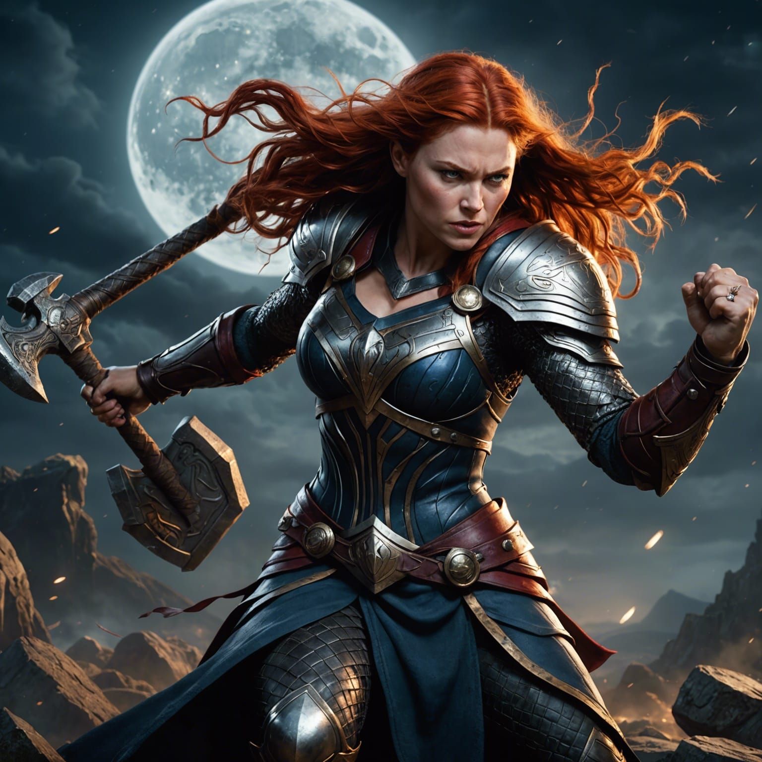 Lady thor, red hair, wearing norse armor, weilding mjolnir, ...