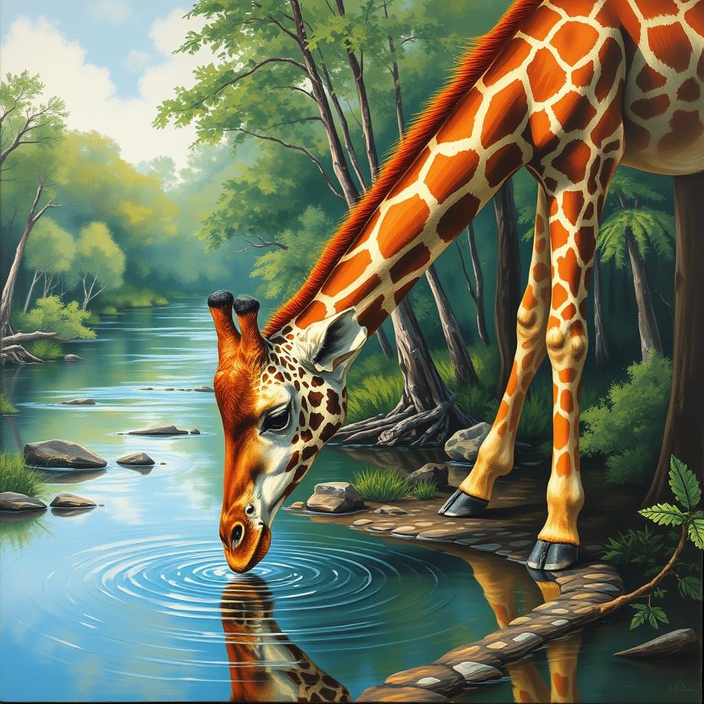 a giraffe drinking water from the river in the forest,