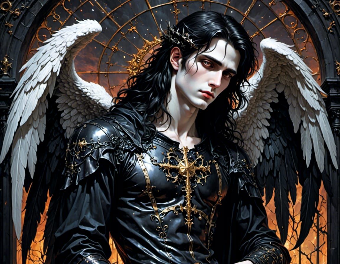 Handsome Dark Angel, pale skin, long hair, masculine  <lora:Purgatory Portraits:1.0> 