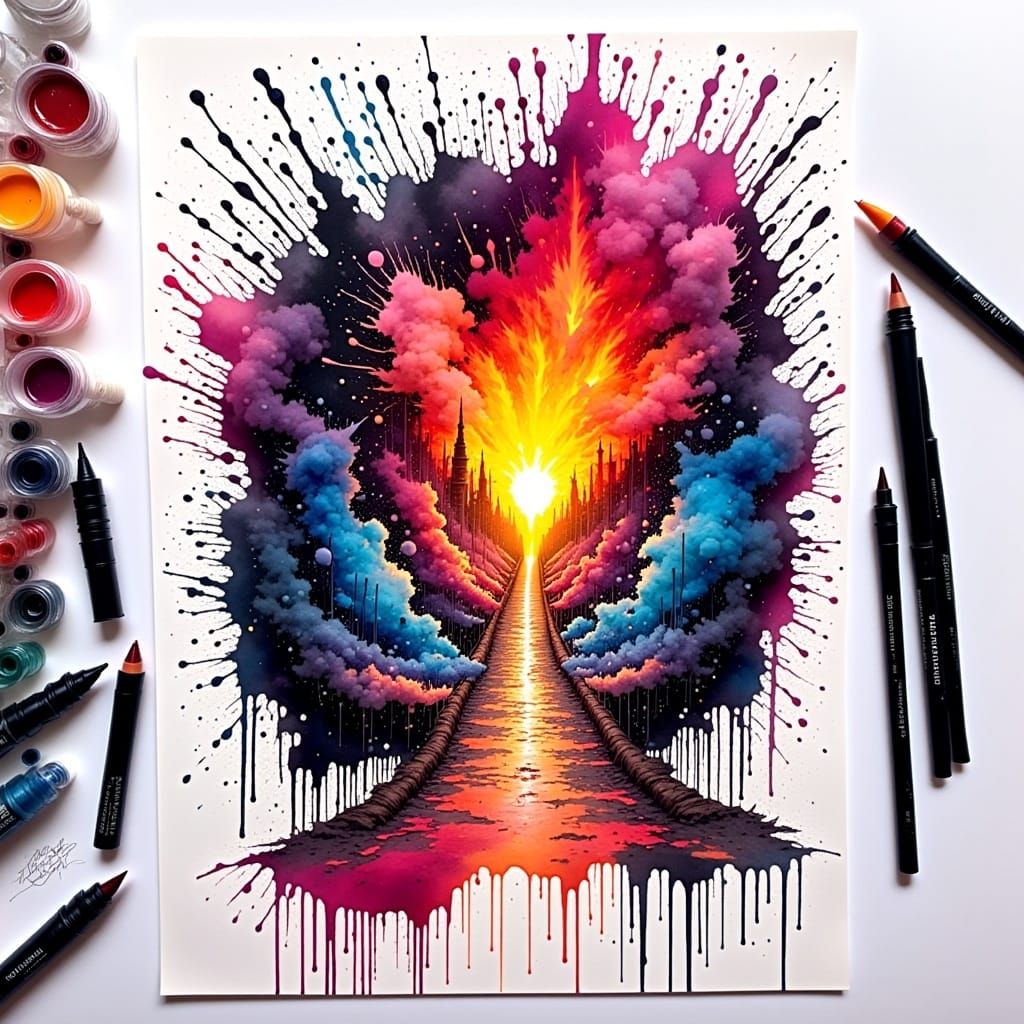 colorful ink splatter drawing of the path to hell. in the style of <lora:Unreal InkArchive Fx:1.0> 