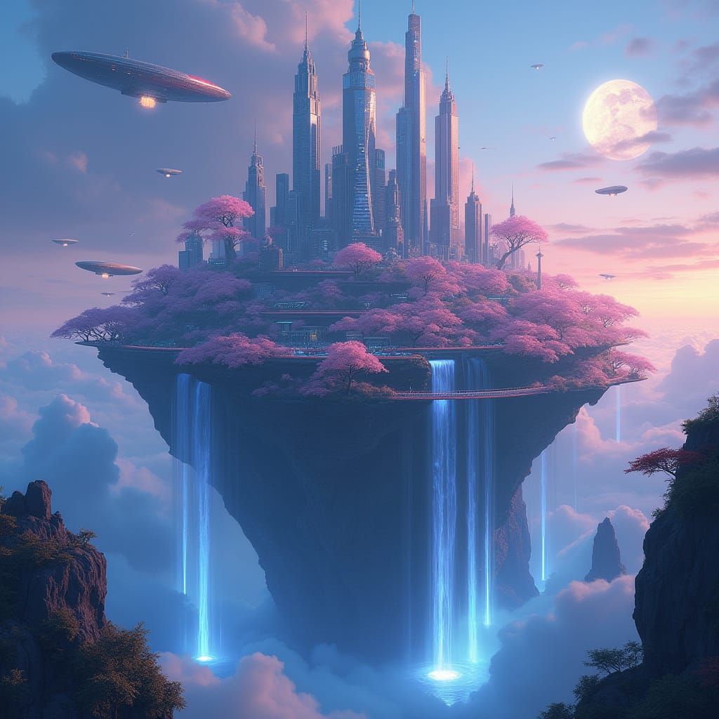 A colossal floating island city at twilight, with waterfalls spilling into the clouds below. Skyscrapers ...  by @Sonia