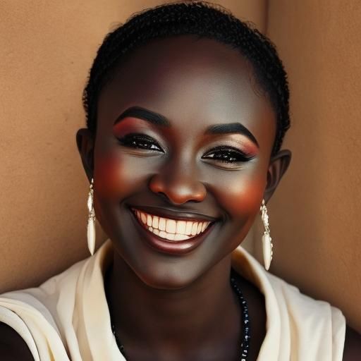 close-up portrait of a beautiful black-skinned model, smiling, black matte black, beautiful eyes, cinematic <lora:Black Skin:1.0> 
