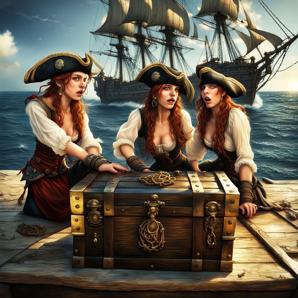 four female pirates leaning over a treasure chest their face...