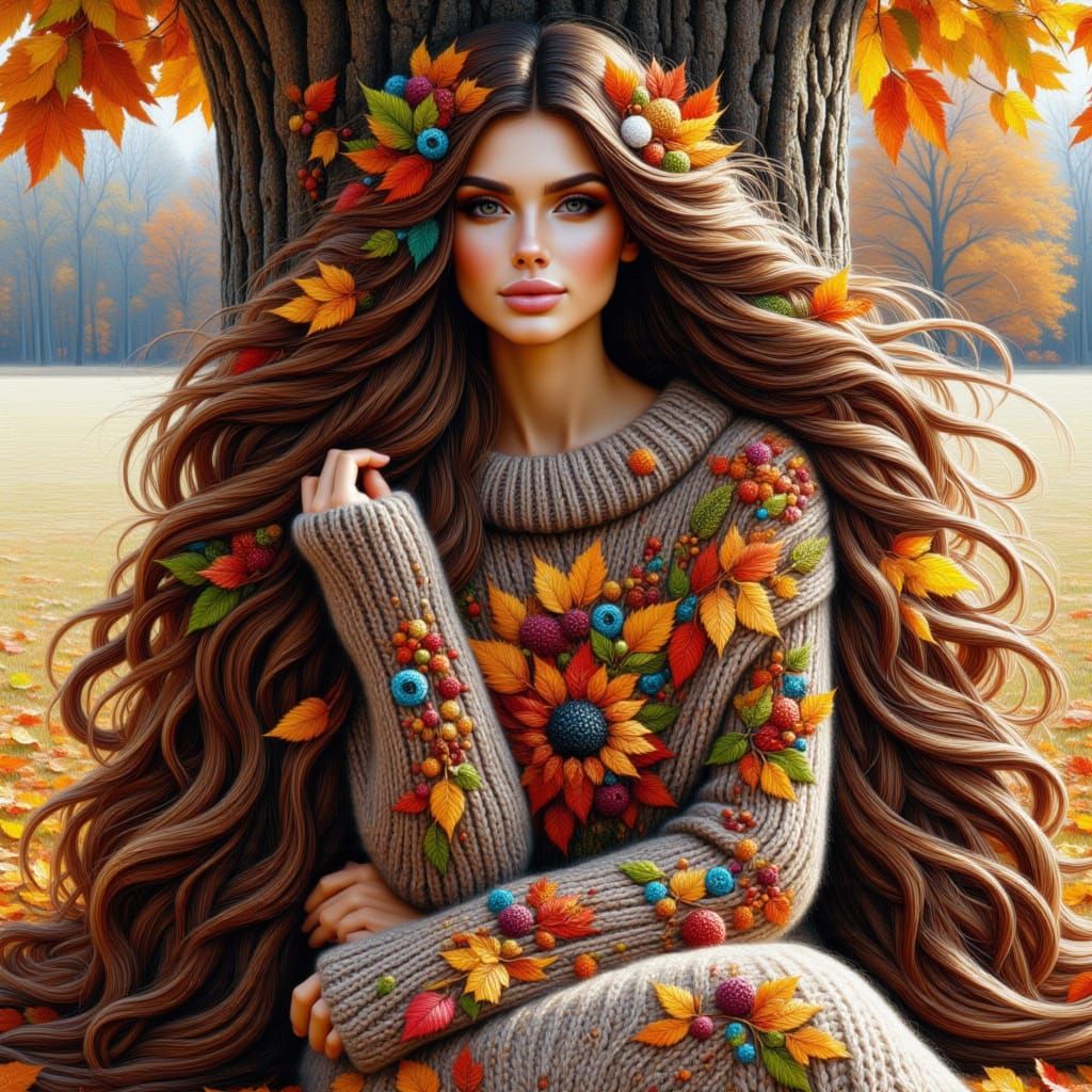 <lora:kak-Autumnal:1.0>A gorgeous woman with long, windy hair, intertwined with colorful Autumn leaves, her oversized wool dress is intertwi...