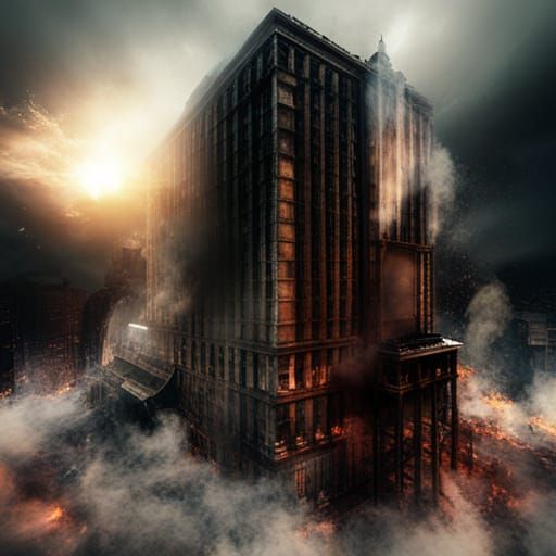 take a down shot of a burning building with smoke make it re...