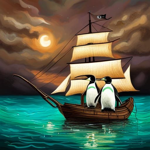 Penguins wearing an eye-patch on a pirate ship in green rain