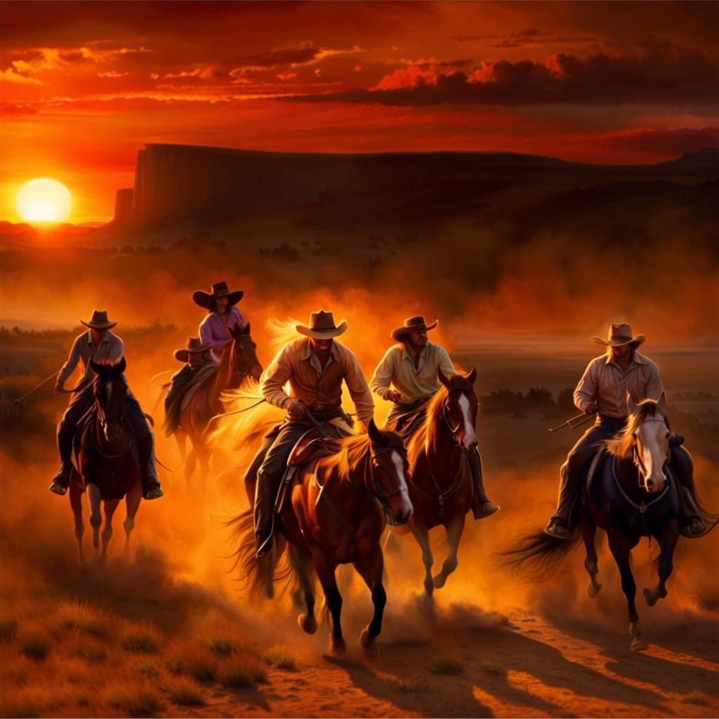 A group of tough cowboys and cowgirls journey across a vast desert.  by @Phantazia