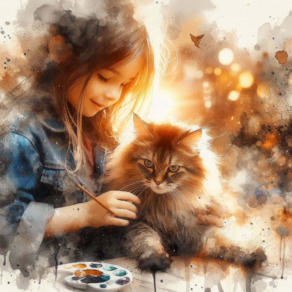 Girl Painting with her Cat