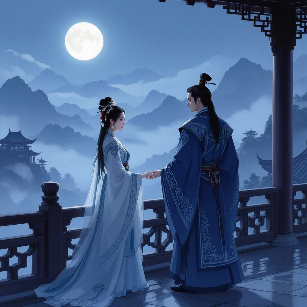 Ancient Chinese Couple on Palace Balcony