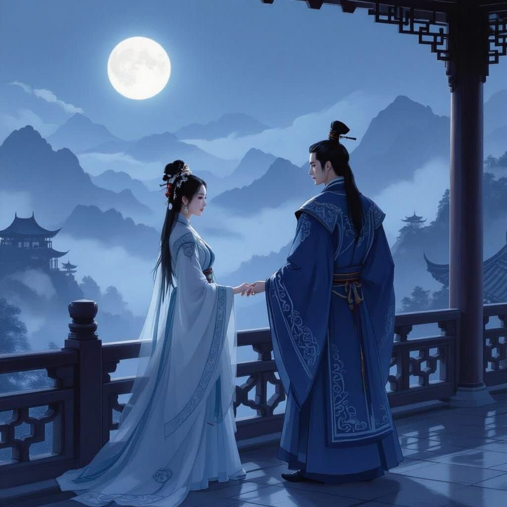 Ancient Chinese Couple on Palace Balcony