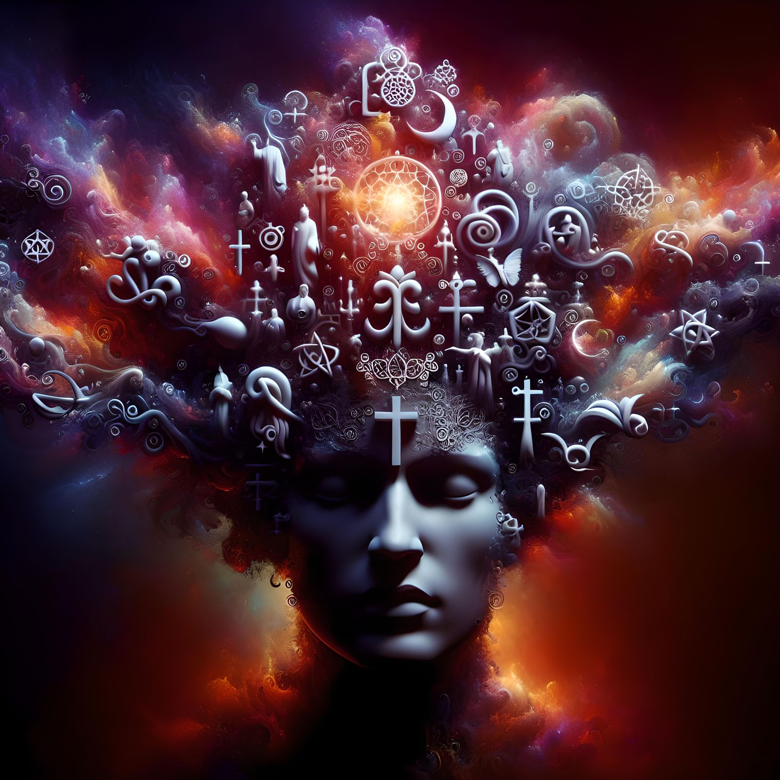 Fantasy abstract art depicting religious symbols exploding o...
