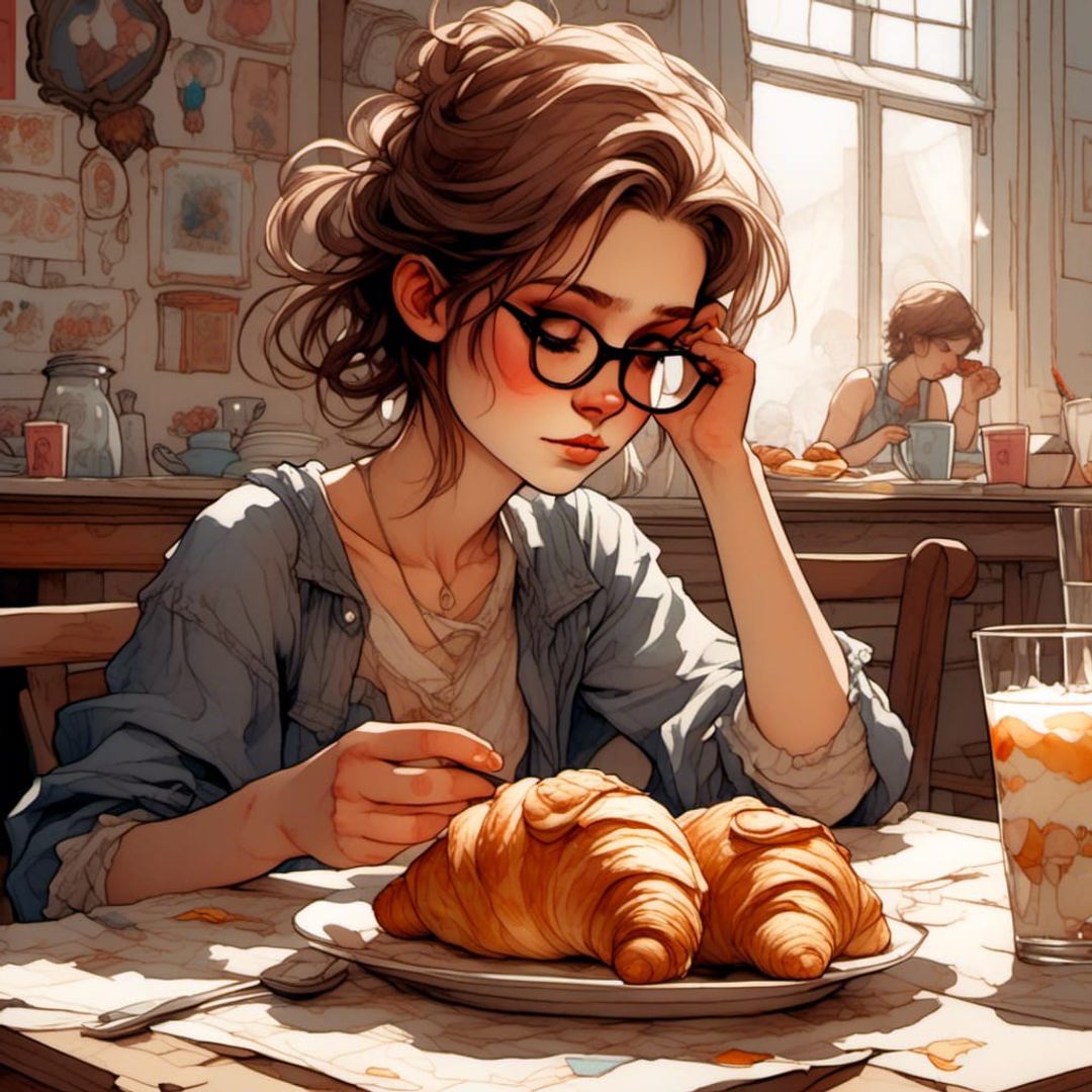 cute girl with brown hair brown eyes glasses eating breakfast croissant ...