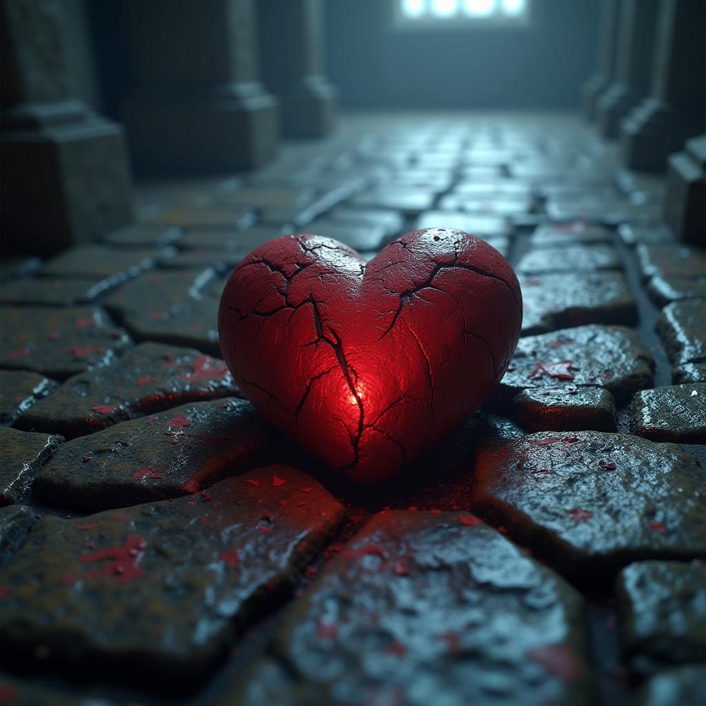Shattered Heart on Ancient Stone in Eerie Ambiance